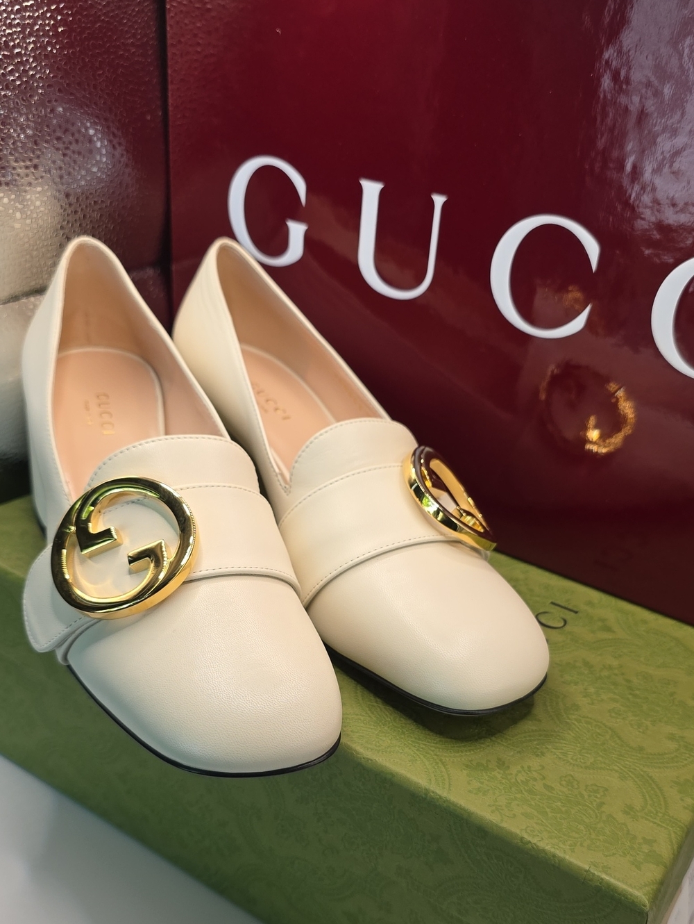 Gucci Cream Leather Loafers with Gold GG Emblem